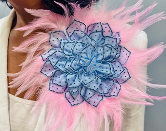 Oversized JJOA Inspired Light Blue and Pink Sequin Flower Brooch with Feather Fringe - Jack and Jill of America