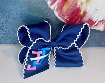JJOA Large Navy Hair Bow w/print JJ logo - Jack and Jill of America, Inc.