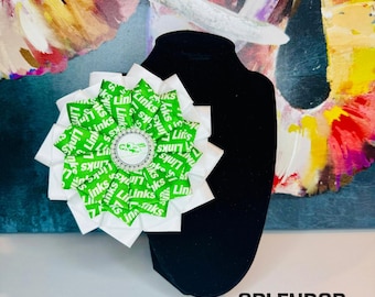 LINKS Green Fabric White Satin Flower Brooch with Pearl Branded Center - The Links, Incorporated