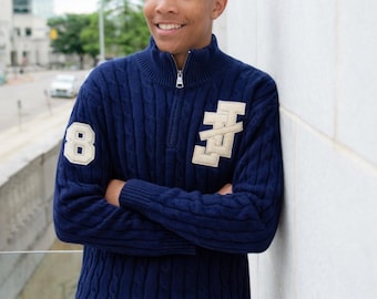 ADULT JJOA Navy Cable Sweater with Cream Chenille Logo - Jack and Jill of America