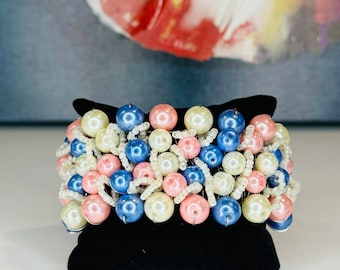 Jack and Jill of America Inspired Pink/White/Blue Wired Pearl Bracelet