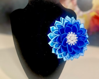 Graduated Blue Pearl Satin Flower Brooch