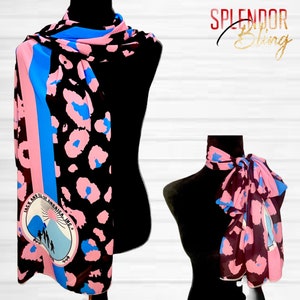 Black/Pink/Blue Leopard Print Striped Chiffon Scarf with Traditional seal Jack and Jill of America logo