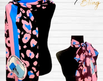 Black/Pink/Blue Leopard Print Striped Chiffon Scarf with Traditional seal Jack and Jill of America logo