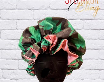 AKA Inspired Oversized Black & Green with Pink Satiny Reversible Hair Bonnet