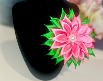 AKA Inspired Pink & Green Satin Kanzashi Flower Brooch with Pearl Center