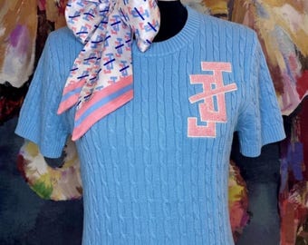 PREORDER JJOA Short Sleeve Blue Sweater with Pink Chenille Logo