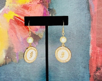 JJOA Gold, White and Pearl with Rhinestone JJ Logo Earrings