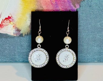JJOA All Protocol White Enamel and Pearl with Rhinestone JJ Logo Earrings