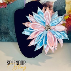 JJOA Pastel Pink and Blue Satin Kanzashi Flower Brooch with Crystal Center and Accents - Jack and Jill of America