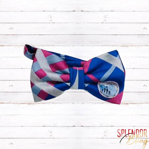 Jack and Jill of America logo branded royal blue & magenta plaid pre-tied men’s bow tie