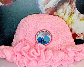 Jack and Jill of America Royal Pink Crochet Hat with Ruffle and Seal Logo
