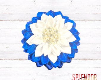 CLOSEOUT ZETA inspired Royal, Blue & White Pearl Satin Sorority Flower Brooch