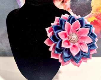 JJOA Pink/Navy/Pink Satin Flower Brooch w/Petite Pearl Center - Jack and Jill of America