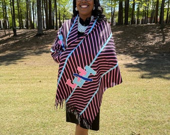 Jack and Jill of America Black, Pink, and Blue Chevron Striped Pashmina Shawl with Color JJ logo