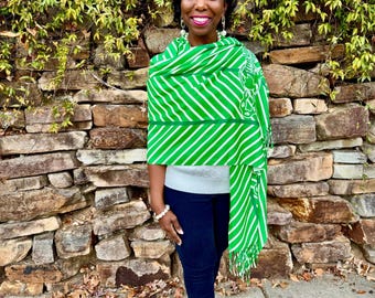 LINKS Green, Ivory, and Dark Green Chevron Striped Pashmina Shawl with The Links, Incorporated logo