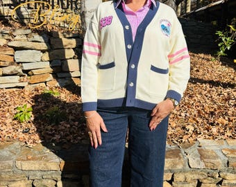 ADULT JJOA 100% Cotton Cream/Navy Classic Cardigan Sweater - Jack and Jill of America