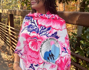 CLOSEOUT Ivory, Bold Pink, and Cobalt Blue Floral Pashmina Shawl with Seal logo