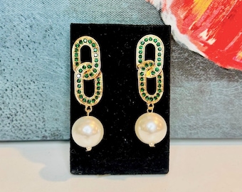 The LINKS Pearl with Green Rhinestone Linked Earrings