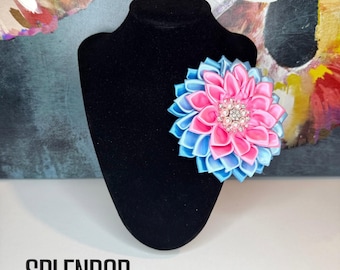 JJOA Pink, Light Blue, Medium Blue & Pearl Satin Flower Brooch - Jack and Jill of America