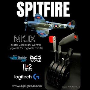 以下が含まれることがあります： Logitechスロットル用の黒い金属製フライトコントロールアップグレード。赤いトップのレバーと灰色のハンドルが特徴です。画像にはSPITFIRE MK.IX、Microsoft Flight Simulator 2024、DCS WORLD、IL-2 SERIES、logitechなどのテキストが表示されています。