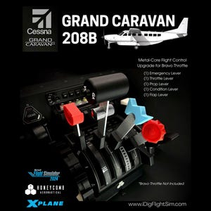 May include: A metal-core flight control upgrade for the Bravo Throttle, featuring a Cessna Grand Caravan 208B graphic. Includes one emergency lever, one throttle lever, one prop lever, one condition lever, and one flap lever in red, black, and blue.