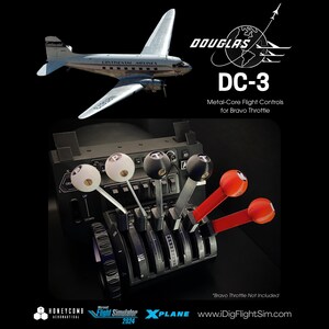 May include: A Douglas DC-3 metal-core flight control set for a Bravo throttle, featuring two white, two black, and two red knobs on metal levers. The image includes the text Douglas DC-3 Metal-Core Flight Controls for Bravo Throttle.
