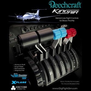 May include: Metal-core flight controls for Bravo throttle featuring black, blue, and red levers with aluminum shafts. The unit includes text reading Beechcraft Kingair, Microsoft Flight Simulator 2024, X-Plane, and Honeycomb Aeronautical. Features include a snug fit base, real hardware, and a weighted feel.