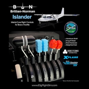 May include: A Britten-Norman Islander flight control set for a Bravo Throttle, featuring black, light blue, and red handles on metal shafts. The image includes text: Britten-Norman Islander, Metal-Core Flight Controls, and logos for Honeycomb, X-Plane, and Microsoft Flight Simulator 2024.