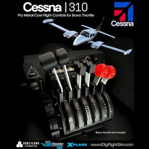 Op de afbeelding: Een zwarte vluchtbesturingsconsole voor de Bravo Throttle, gelabeld Cessna 310 Pro Metal-Core Flight Controls. Het bevat meerdere hendels met zwarte en rode getextureerde knoppen, een landingsgestelschakelaar en een Cessna-logo. De tekst Bravo Throttle Not Included is rechtsonder zichtbaar.