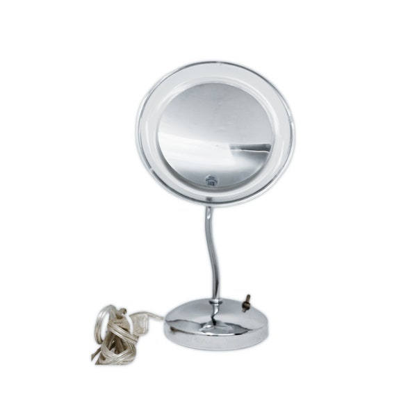 CLEARANCE Table Top Foldable Acrylic Chrome Ring Lighted Mirror, 10x Magnification [16" H x 9" D]