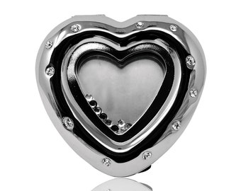 RUCCI | 1X Regular Silver Heart with Diamonds Compact Mirror (2.5 x 2.25 in)