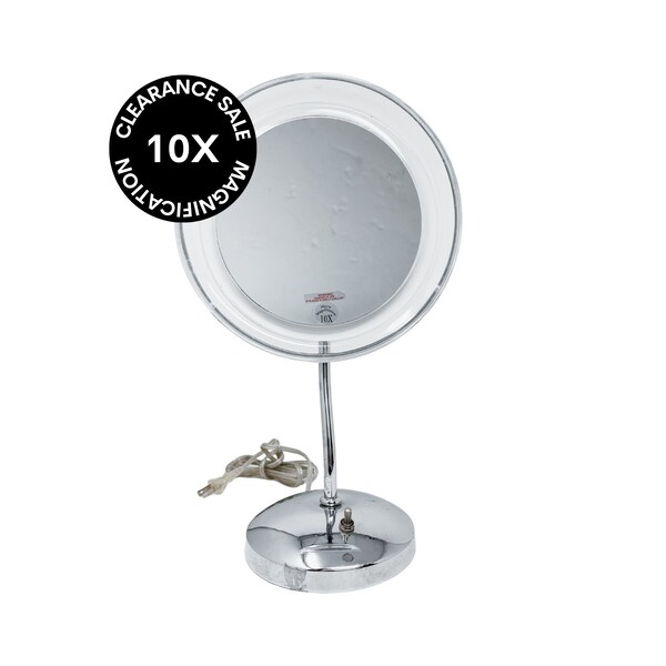 CLEARANCE Table Top Foldable Acrylic Chrome Ring Lighted Mirror, 10x Magnification [16" H x 9" D] (no base cover)