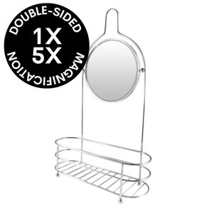 CLEARANCE 1X/5X Double-Sided Fog Free Shower Mirror & Organizer (5.75"D x 16"H)