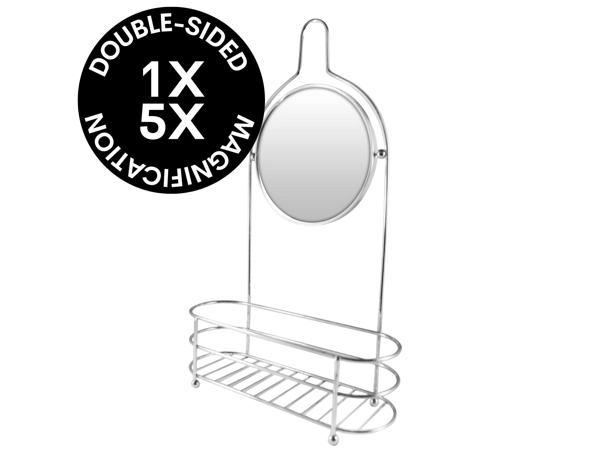 CLEARANCE 1X/5X Double-sided Fog Free Shower Mirror & Organizer 5.75d X 16h  