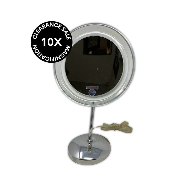 CLEARANCE Table Top Foldable Acrylic Chrome Ring Lighted Mirror, 10x Magnification [16" H x 9" D]