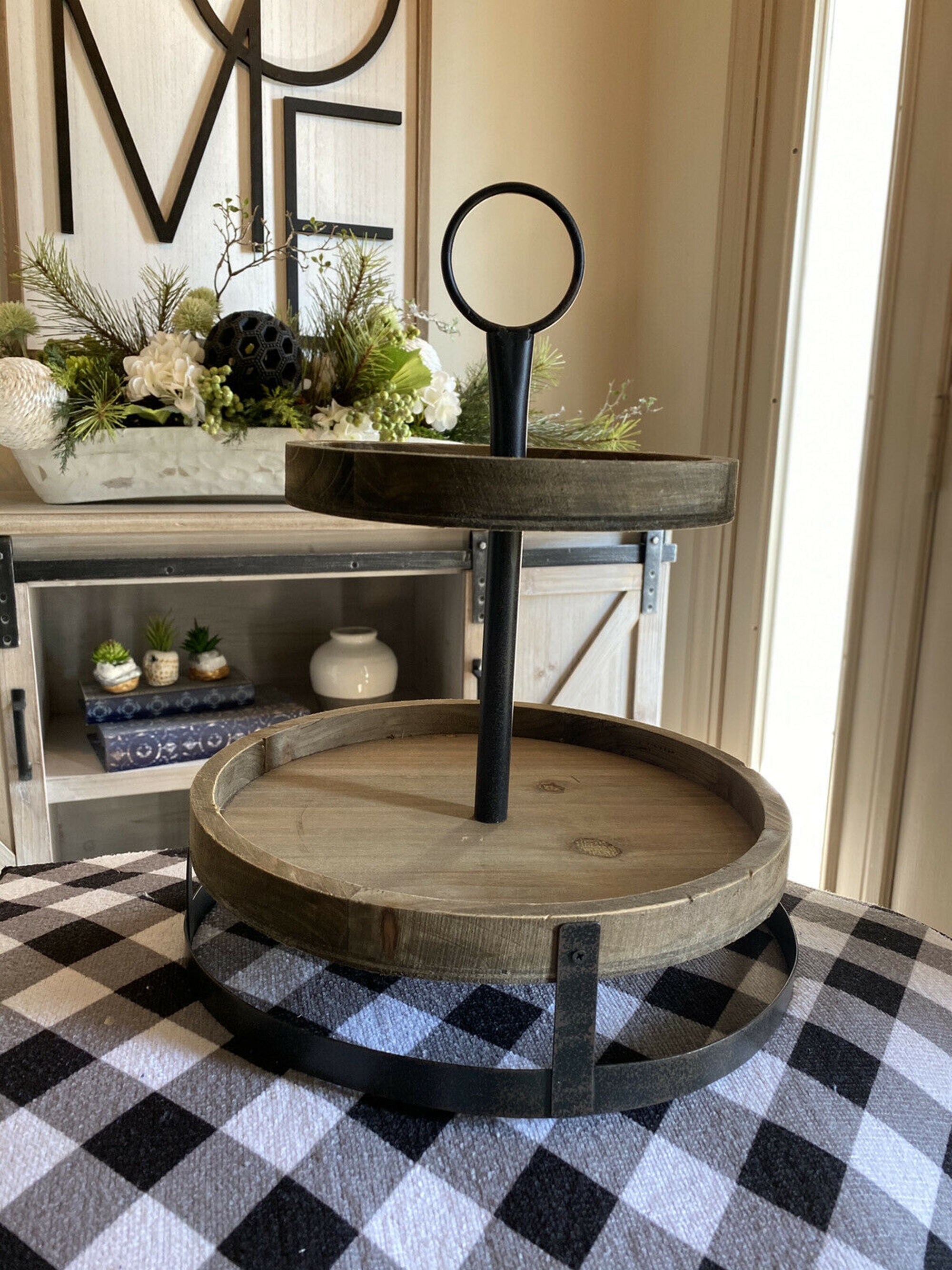 New Rustic Two Tier Wood Tray Tabletop Farmhouse Centerpiece Etsy