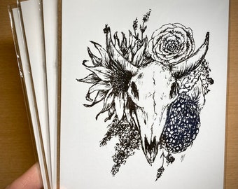 Set of 4 Black and White Cow Skull and Flowers Pen Drawing-  Blank Greeting Card (4.25" x 5.5")