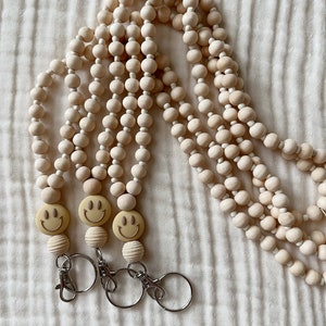 Neutral Smiley Lanyard, Wood bead lanyard, wood lanyard, teacher lanyard, boho teacher