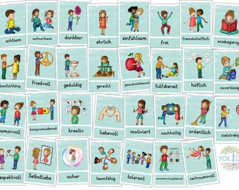 31 Werte Karten für Kinder Grundwerte Klassenwerte Cliparts Bildkarten Visualisierungen digital als pdf zum ausdrucken Kinderwerte