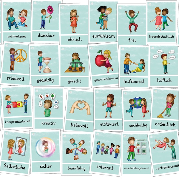 31 Cartes de valeurs pour les enfants Valeurs de base Cliparts de valeurs de classe Cartes illustrées Visualisations numériques au format PDF pour imprimer les valeurs des enfants