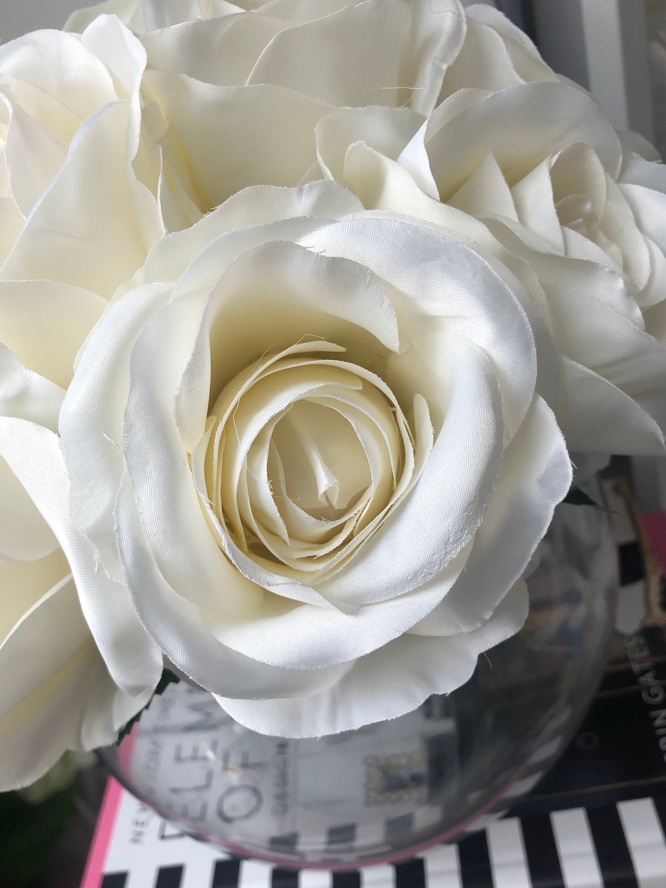 Faux flower silk ivory roses in a clear fishbowl vase Etsy