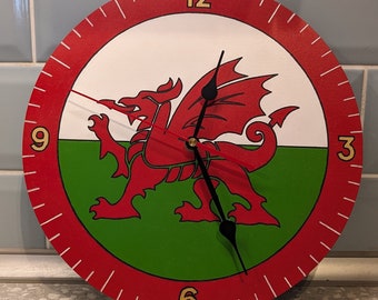 Wales Flag Wall Clock, handmade Welsh dragon clock