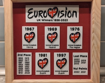 Eurovision UK Winners 1956-2023 Wall Art - 3d printed, framed