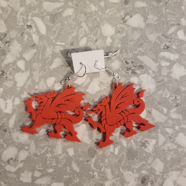 Welsh Dragon Earrings - 3d Printed, hooks or clip on, 2 pairs