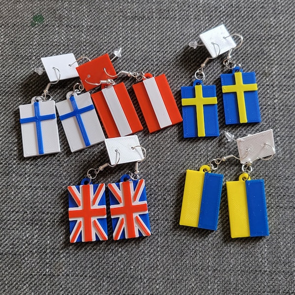 Boucles d'oreilles drapeau - imprimées en 3D, à accrocher ou à clipser, n'importe quel drapeau