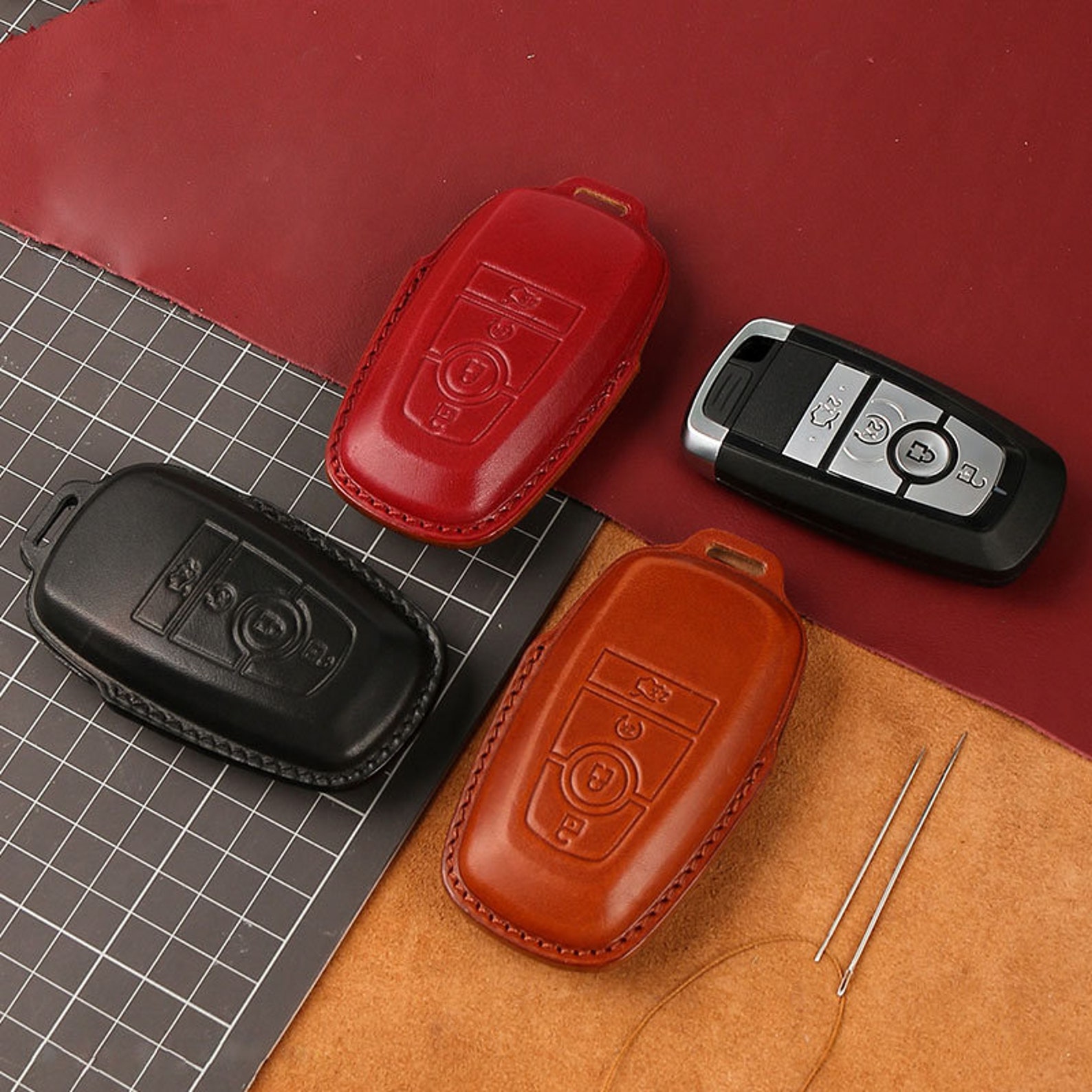 Ford Leather Car Key Fob Cover Veg Tan Leather Car Key Remote Etsy