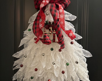 White Christmas Tree Wreath, Holiday Wreath, Noel Wreath, Christmas Tree Shape Wreath, Front Door Wreath, Holiday decor, Christmas decor,