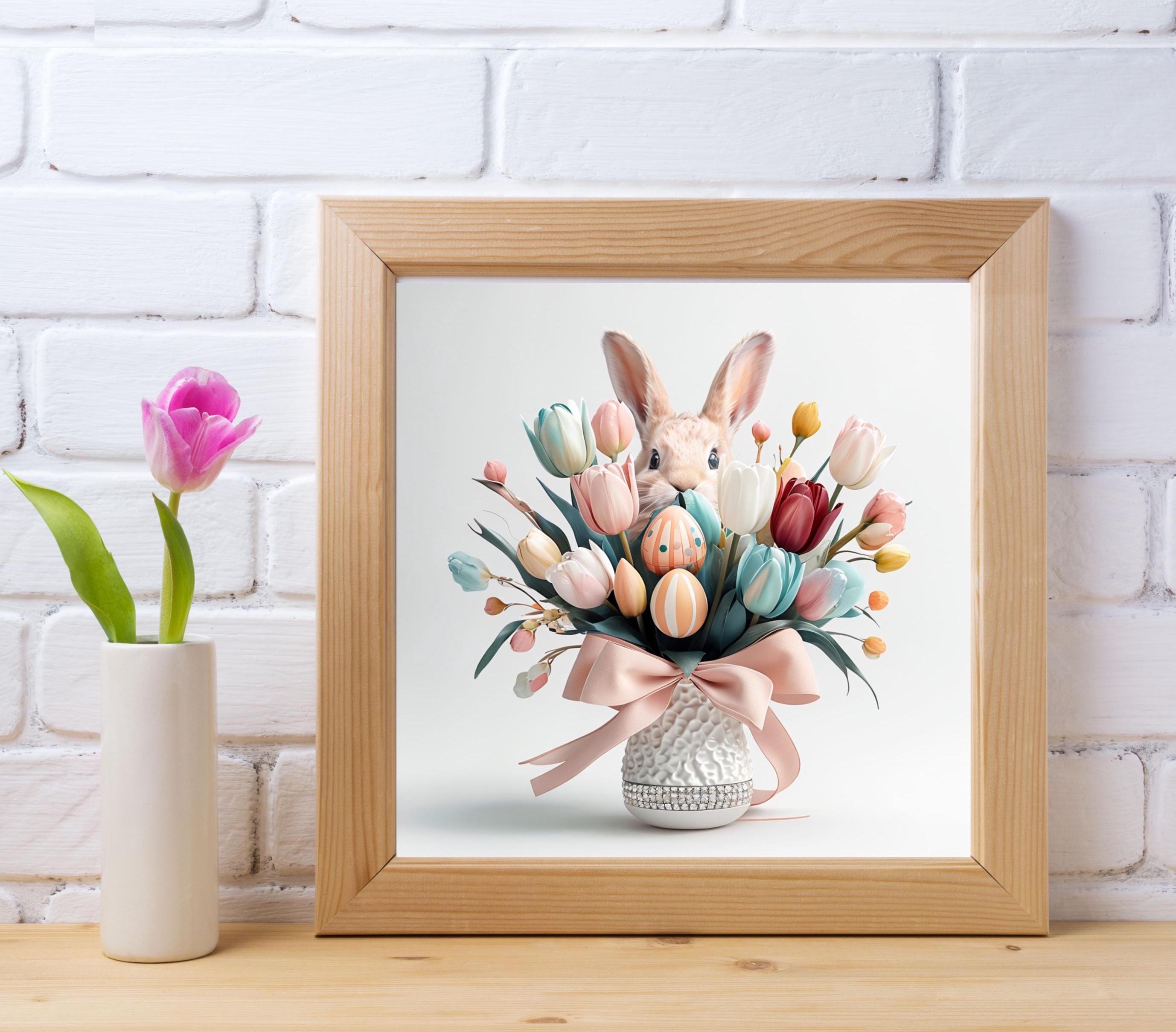 Easter Bunny Art, Digital Clipart, PNG Download, Digital Wall Art, Whimsical Neutral Easter Bunny Easter Vase Digital Artwork, PDF Download