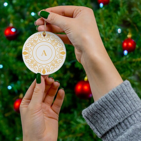 Monogram Letter A Gold Floral. Customizable Premium Ceramic Ornaments. Design Your Own Christmas Decorations. Etsy Ireland
